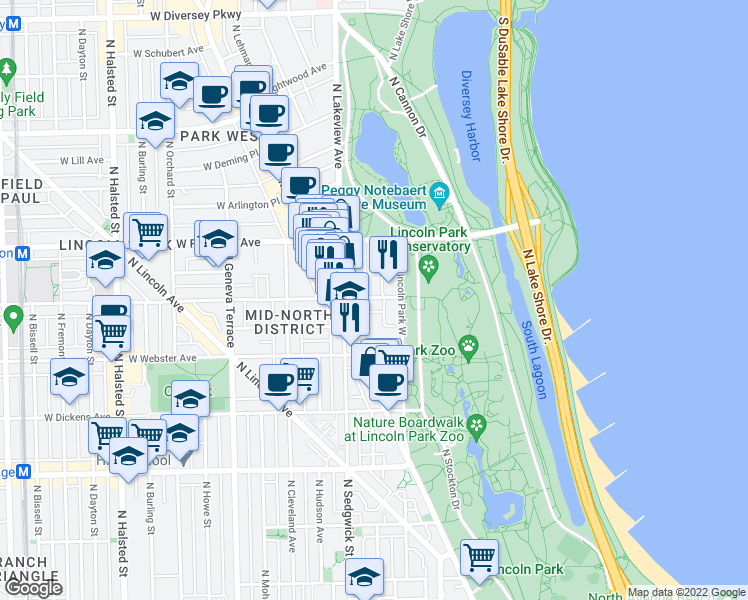 map of restaurants, bars, coffee shops, grocery stores, and more near 321 West Belden Avenue in Chicago