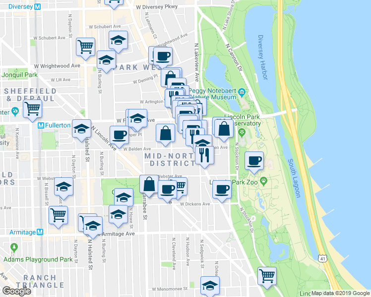 map of restaurants, bars, coffee shops, grocery stores, and more near 437 West Belden Avenue in Chicago