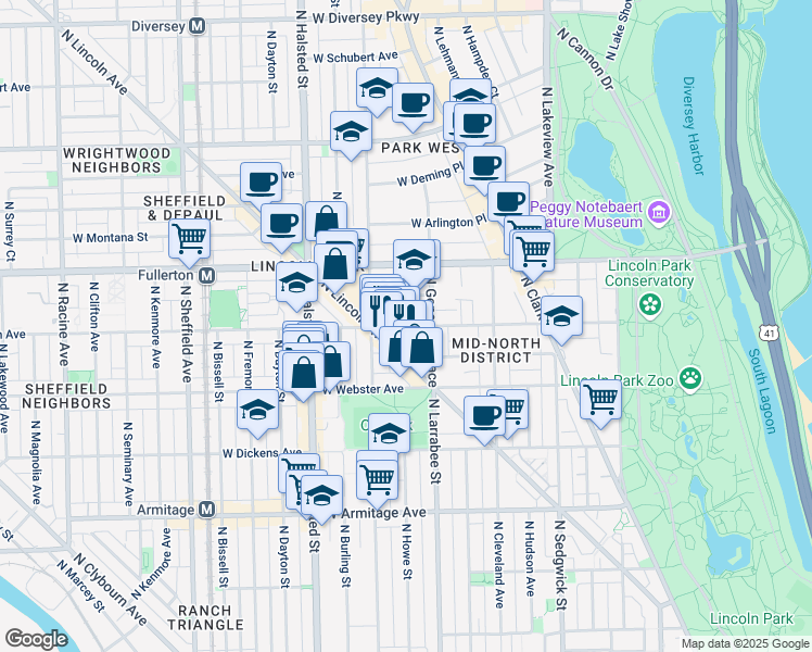 map of restaurants, bars, coffee shops, grocery stores, and more near 629 West Belden Avenue in Chicago