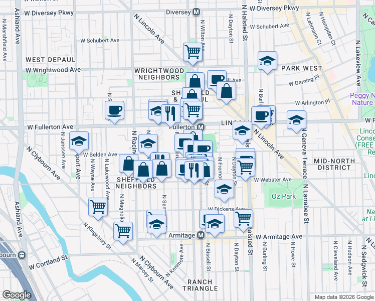 map of restaurants, bars, coffee shops, grocery stores, and more near 1000 West Belden Avenue in Chicago