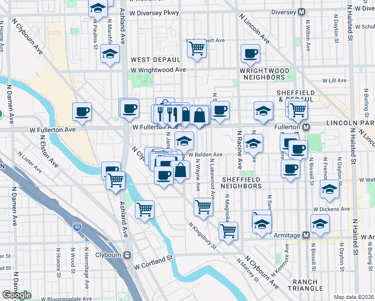 map of restaurants, bars, coffee shops, grocery stores, and more near 2311 North Southport Avenue in Chicago