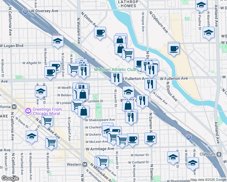 map of restaurants, bars, coffee shops, grocery stores, and more near 2327 North Leavitt Street in Chicago