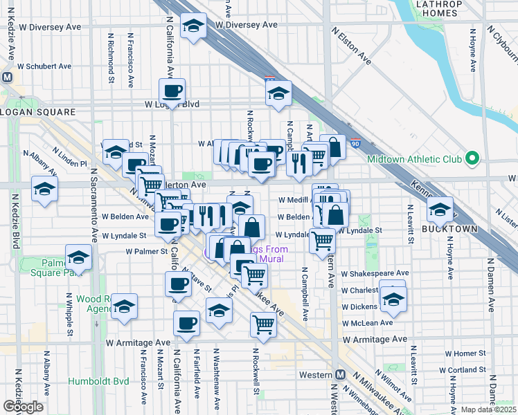 map of restaurants, bars, coffee shops, grocery stores, and more near 2306 North Maplewood Avenue in Chicago