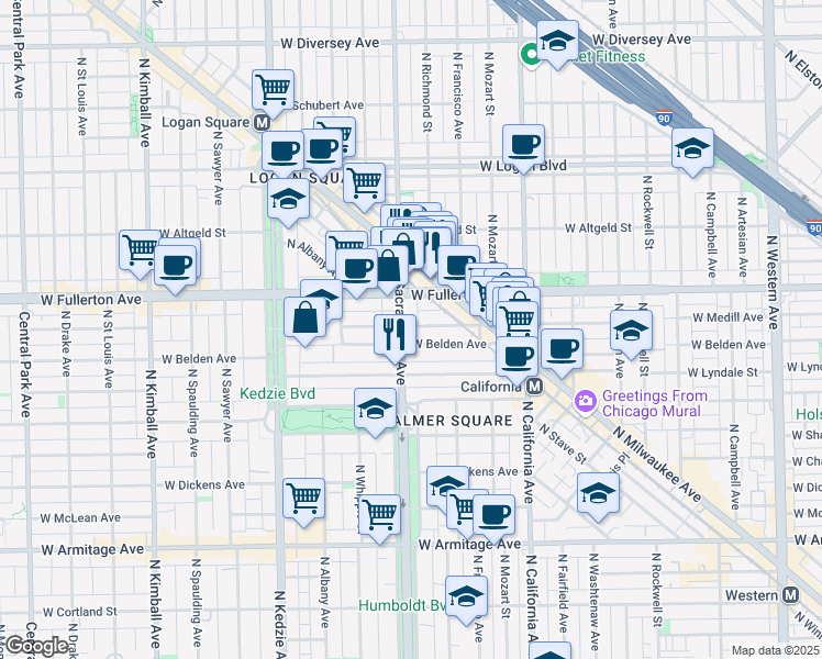 map of restaurants, bars, coffee shops, grocery stores, and more near 2952 West Belden Avenue in Chicago