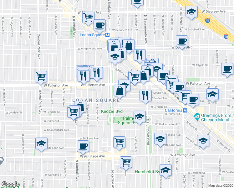 map of restaurants, bars, coffee shops, grocery stores, and more near 2315 North Kedzie Boulevard in Chicago