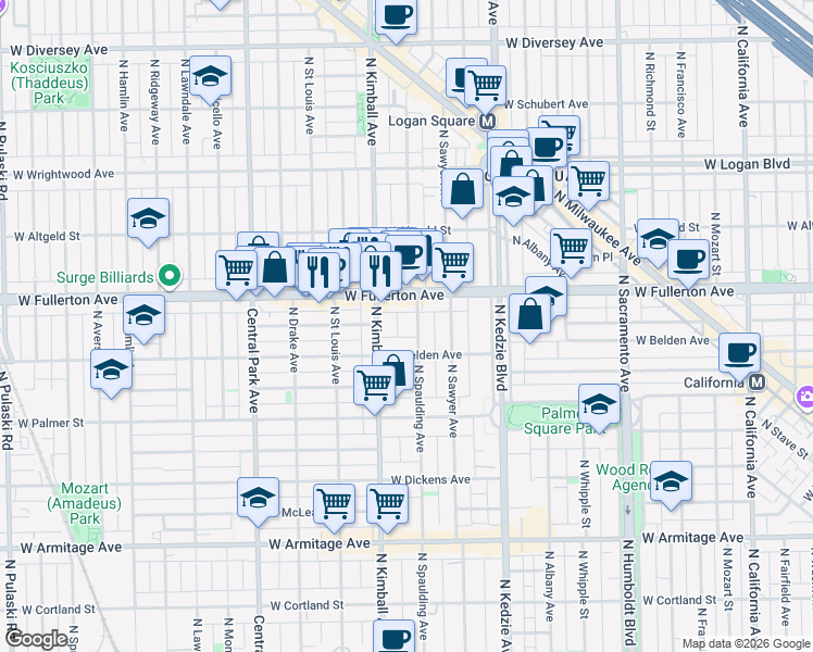 map of restaurants, bars, coffee shops, grocery stores, and more near 2322 North Spaulding Avenue in Chicago