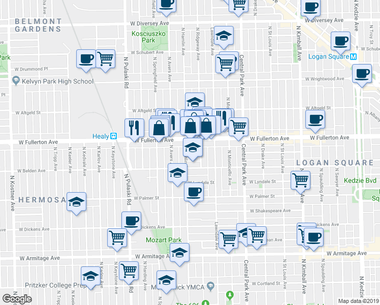 map of restaurants, bars, coffee shops, grocery stores, and more near 2323 North Hamlin Avenue in Chicago