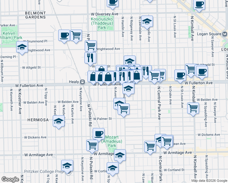 map of restaurants, bars, coffee shops, grocery stores, and more near 2325 North Avers Avenue in Chicago