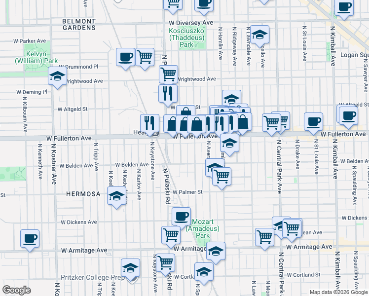map of restaurants, bars, coffee shops, grocery stores, and more near 2324 North Springfield Avenue in Chicago
