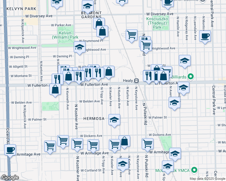 map of restaurants, bars, coffee shops, grocery stores, and more near 2326 North Keeler Avenue in Chicago