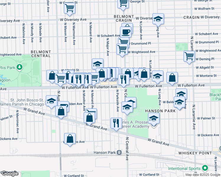 map of restaurants, bars, coffee shops, grocery stores, and more near 2343 North Major Avenue in Chicago