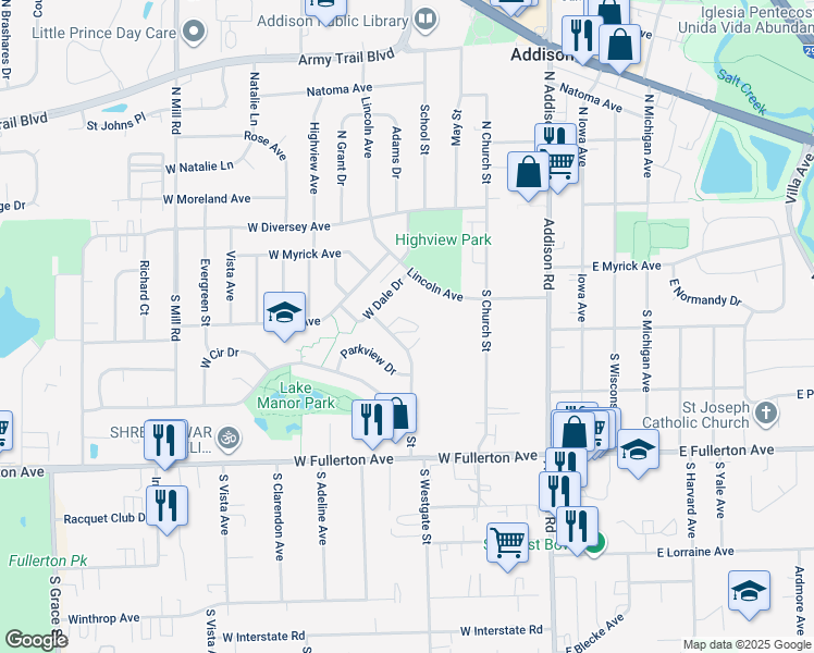 map of restaurants, bars, coffee shops, grocery stores, and more near 223 Hale Street in Addison