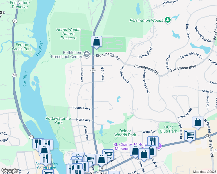 map of restaurants, bars, coffee shops, grocery stores, and more near 611 Allen Lane in St. Charles