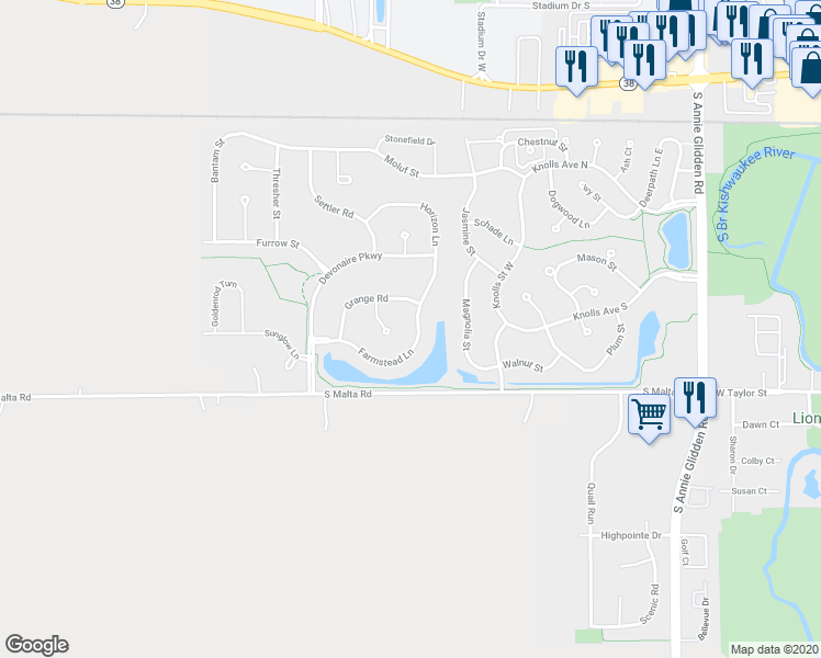 map of restaurants, bars, coffee shops, grocery stores, and more near 656 Grange Court in DeKalb