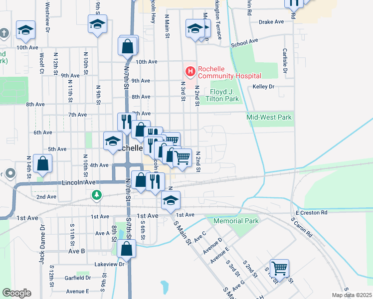 map of restaurants, bars, coffee shops, grocery stores, and more near 420 North 3rd Street in Rochelle