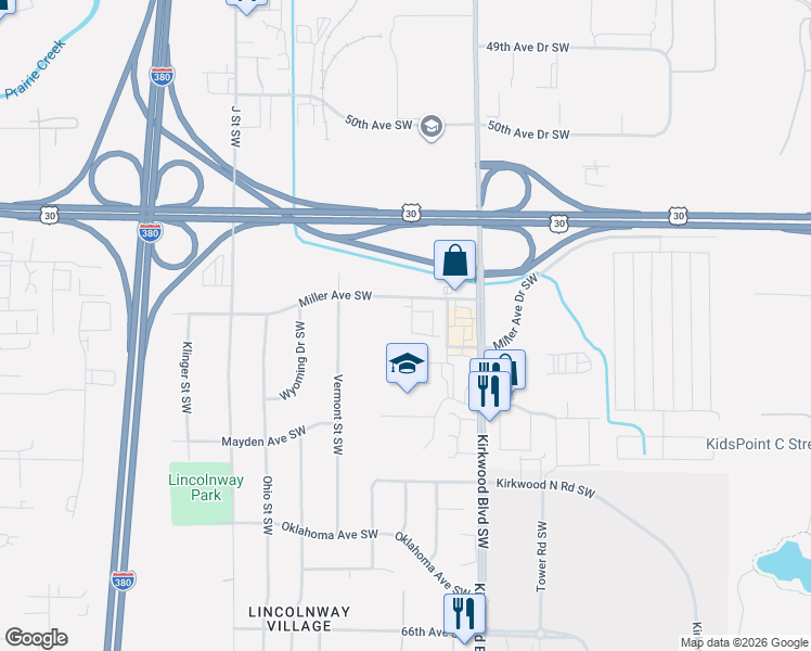 map of restaurants, bars, coffee shops, grocery stores, and more near 55 Miller Avenue Southwest in Cedar Rapids