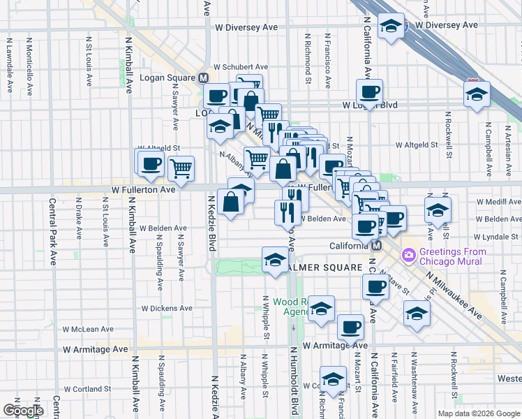map of restaurants, bars, coffee shops, grocery stores, and more near 3030 West Belden Avenue in Chicago