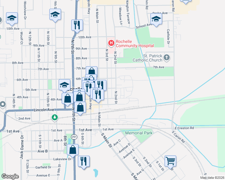 map of restaurants, bars, coffee shops, grocery stores, and more near 419 North 2nd Street in Rochelle