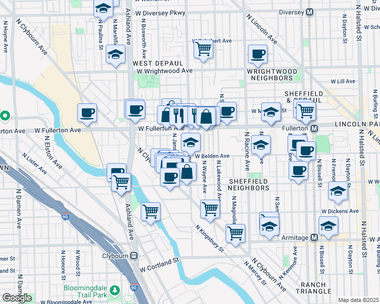 map of restaurants, bars, coffee shops, grocery stores, and more near 2311 North Southport Avenue in Chicago