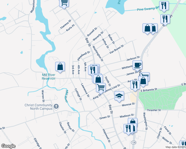 map of restaurants, bars, coffee shops, grocery stores, and more near 458 Bay Street in Taunton