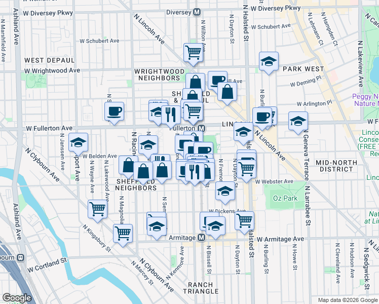 map of restaurants, bars, coffee shops, grocery stores, and more near 1000 West Belden Avenue in Chicago