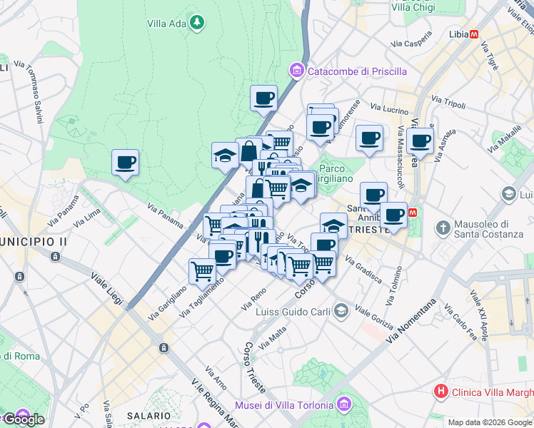 map of restaurants, bars, coffee shops, grocery stores, and more near 14 Piazza Verbano in Rome