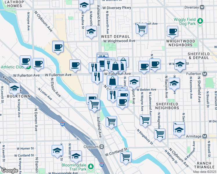 map of restaurants, bars, coffee shops, grocery stores, and more near 2296 North Clybourn Avenue in Chicago