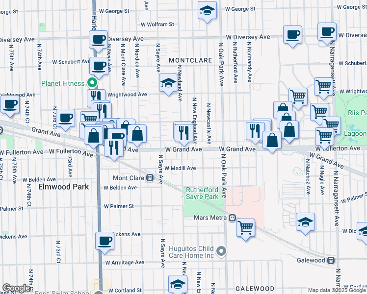 map of restaurants, bars, coffee shops, grocery stores, and more near 6924 West Grand Avenue in Chicago
