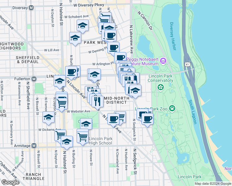 map of restaurants, bars, coffee shops, grocery stores, and more near W Belden Ave & N Cleveland Ave in Chicago