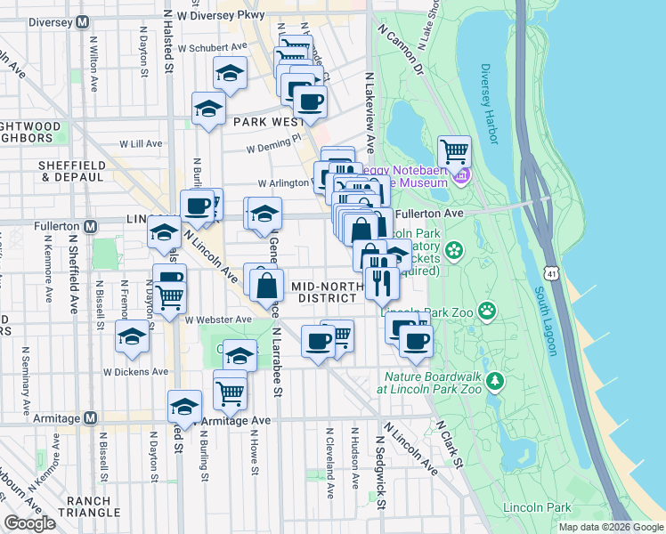 map of restaurants, bars, coffee shops, grocery stores, and more near 453 West Belden Avenue in Chicago