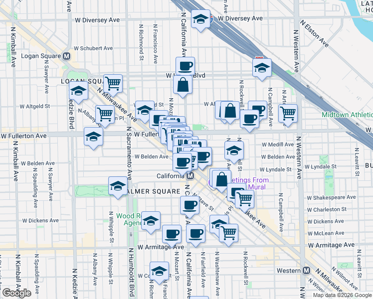 map of restaurants, bars, coffee shops, grocery stores, and more near 2318 North California Avenue in Chicago