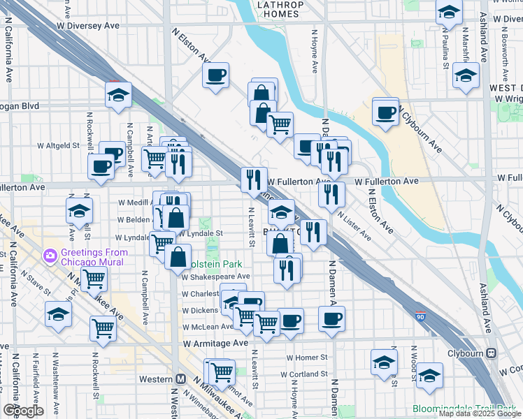 map of restaurants, bars, coffee shops, grocery stores, and more near 2342 North Avondale Avenue in Chicago