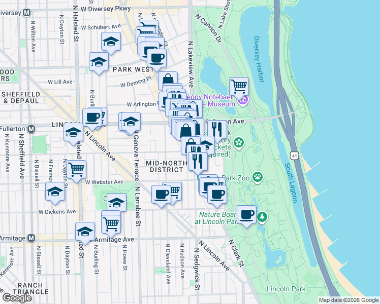 map of restaurants, bars, coffee shops, grocery stores, and more near N Clark St & W Belden Ave in Chicago