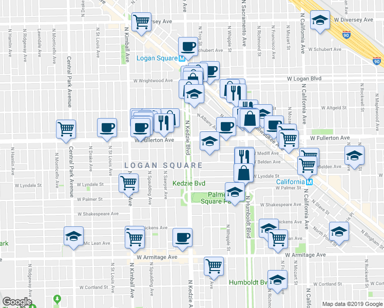 map of restaurants, bars, coffee shops, grocery stores, and more near N Kedzie Ave & W Medill Ave in Chicago