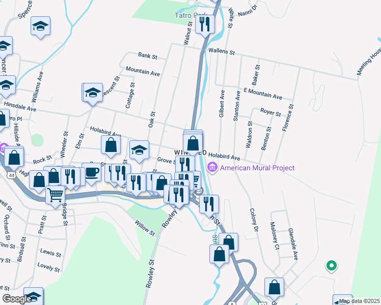 map of restaurants, bars, coffee shops, grocery stores, and more near Connecticut 8 in Winsted