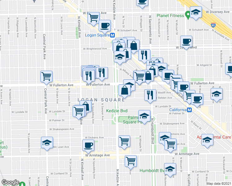 map of restaurants, bars, coffee shops, grocery stores, and more near N Kedzie Blvd in Chicago