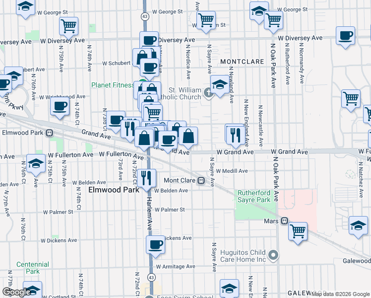map of restaurants, bars, coffee shops, grocery stores, and more near 7110 West Grand Avenue in Chicago