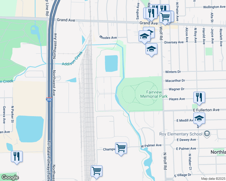 map of restaurants, bars, coffee shops, grocery stores, and more near 40 North King Arthur Court in Northlake