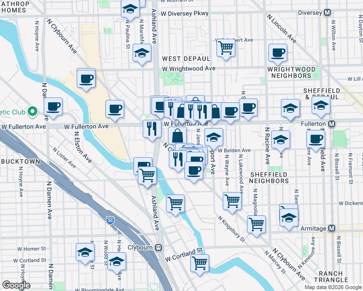 map of restaurants, bars, coffee shops, grocery stores, and more near 2300 North Greenview Avenue in Chicago
