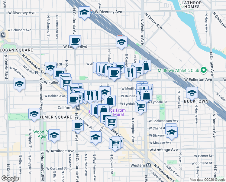 map of restaurants, bars, coffee shops, grocery stores, and more near 2306 North Maplewood Avenue in Chicago