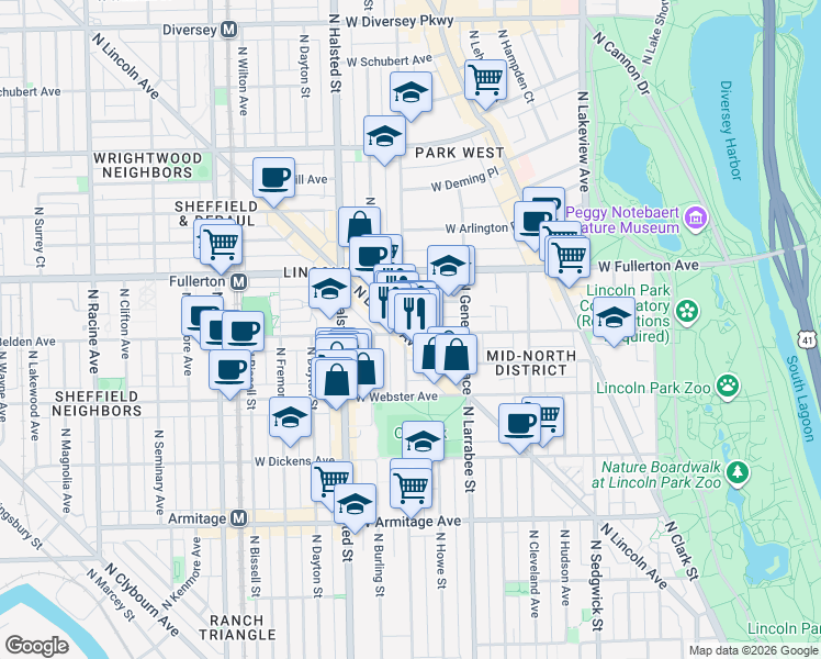 map of restaurants, bars, coffee shops, grocery stores, and more near 656 West Belden Avenue in Chicago