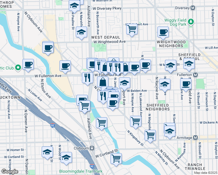 map of restaurants, bars, coffee shops, grocery stores, and more near 2311 North Greenview Avenue in Chicago