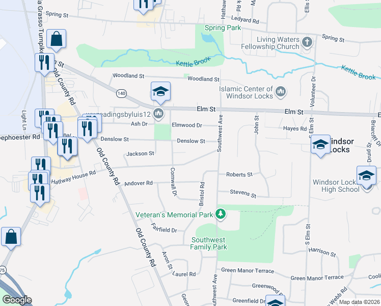 map of restaurants, bars, coffee shops, grocery stores, and more near 15 Trinity Lane in Windsor Locks
