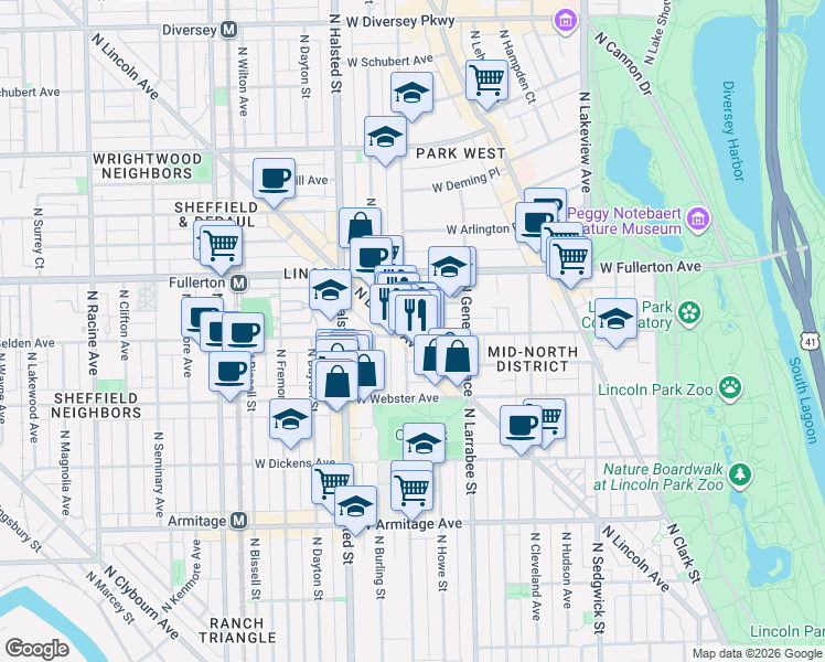 map of restaurants, bars, coffee shops, grocery stores, and more near 2275 North Lincoln Avenue in Chicago