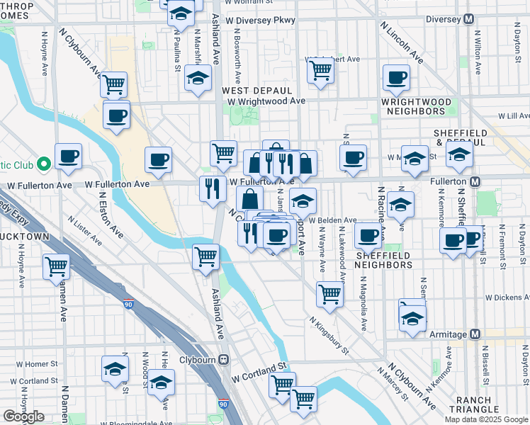 map of restaurants, bars, coffee shops, grocery stores, and more near 2300 North Greenview Avenue in Chicago
