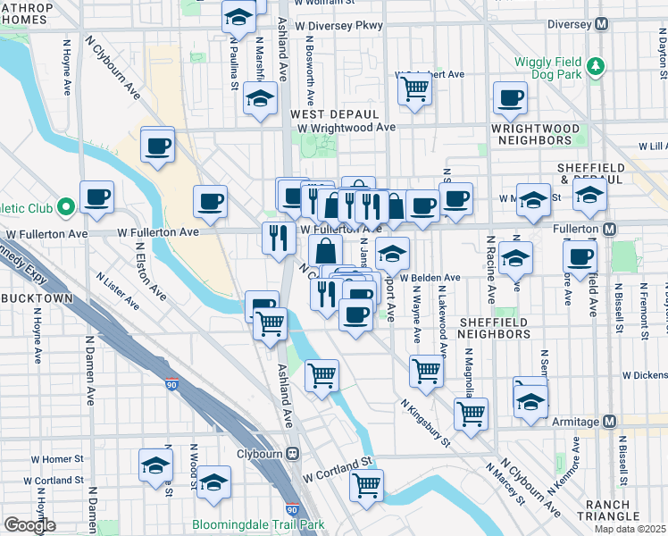map of restaurants, bars, coffee shops, grocery stores, and more near 2300 North Greenview Avenue in Chicago