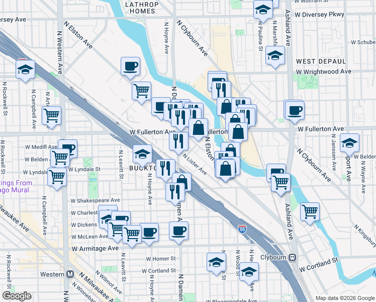 map of restaurants, bars, coffee shops, grocery stores, and more near 2333 North Lister Avenue in Chicago