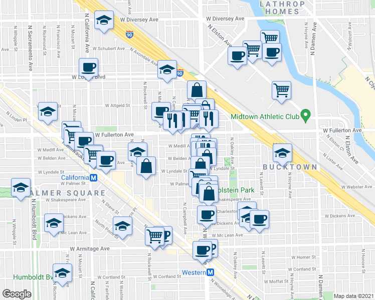map of restaurants, bars, coffee shops, grocery stores, and more near 2420 West Belden Avenue in Chicago