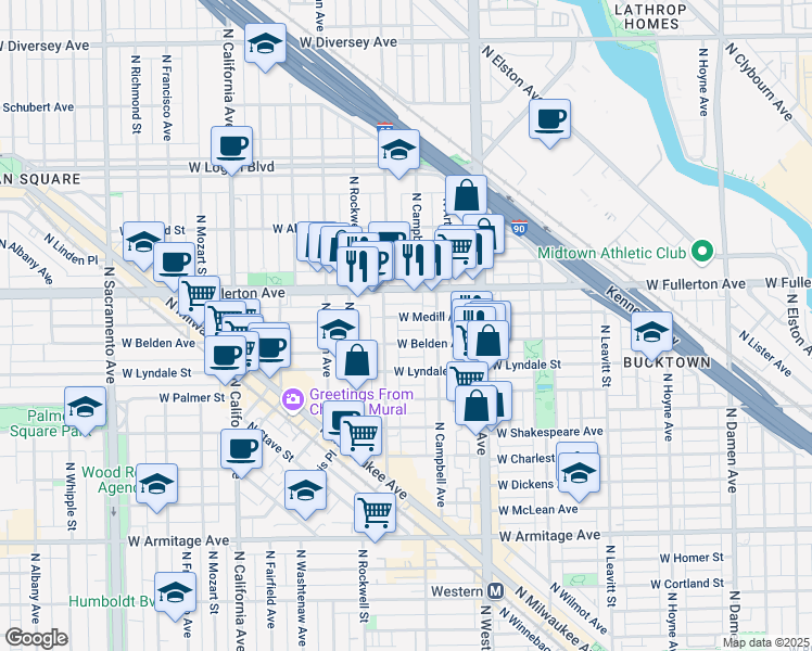 map of restaurants, bars, coffee shops, grocery stores, and more near 2512 West Belden Avenue in Chicago