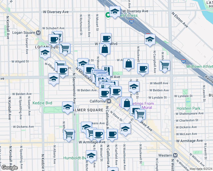 map of restaurants, bars, coffee shops, grocery stores, and more near 2318 North California Avenue in Chicago